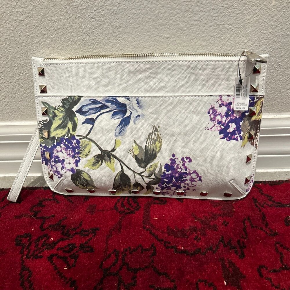NWT White House Black Market White Floral Faux Leather Clutch/Wristlet